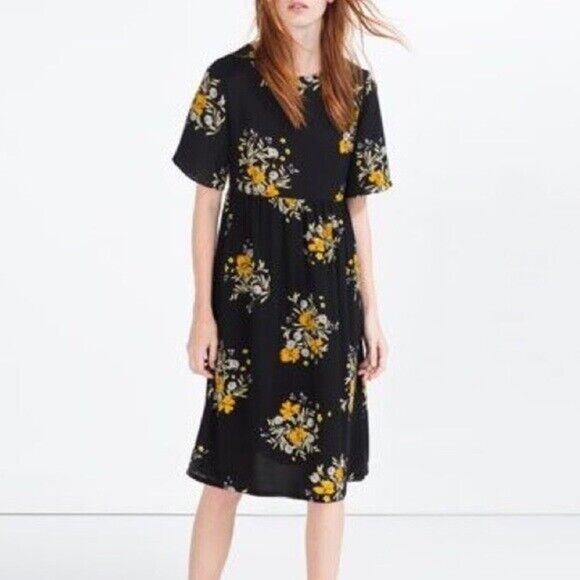 ZARA Floral Lace Up Back Babydoll Midi Stretch Dress Short Sleeve M Black Orange - Picture 1 of 15